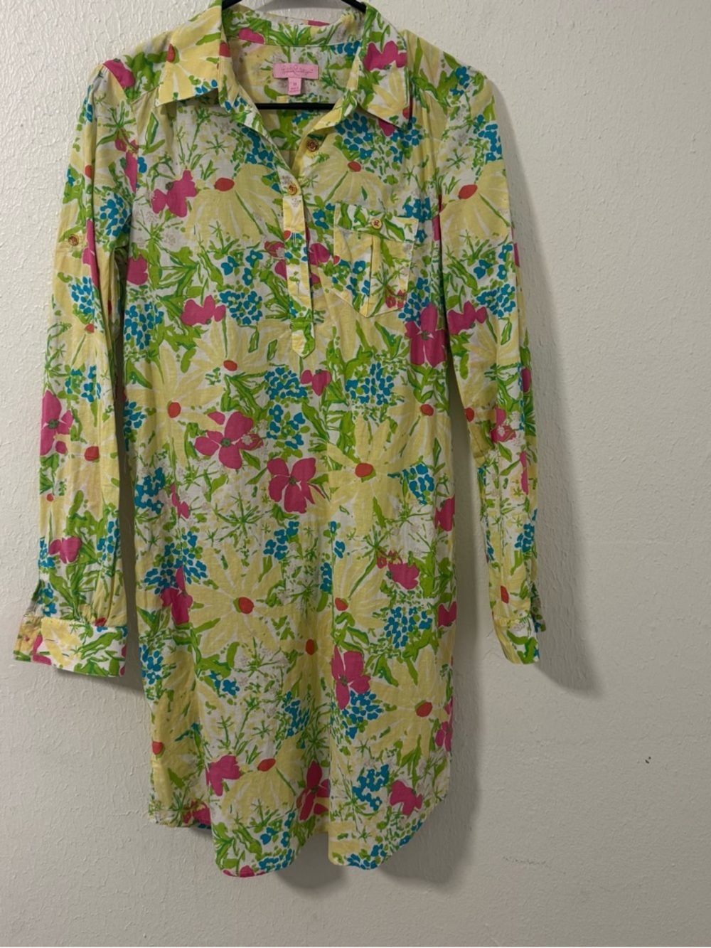 Lilly Pulitzer Women’s Medium Yellow Floral Mini Shirt Dress 100% Cotton Belt - Picture 2 of 12